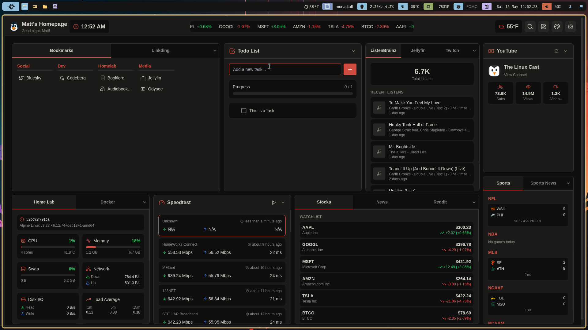 Homepage dashboard screenshot